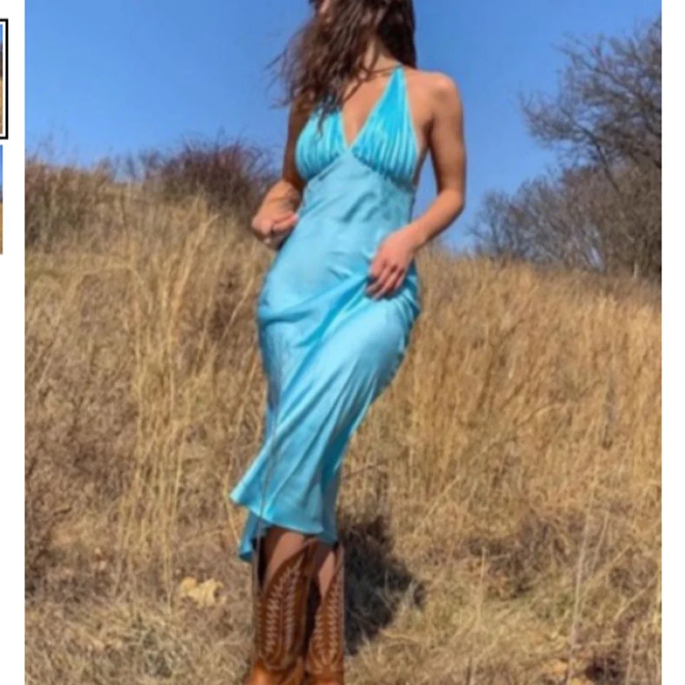 Onarin Ms. Pleat silk wedding prom v neck babydoll midi Dress Blue XS A004131 - Picture 1 of 9
